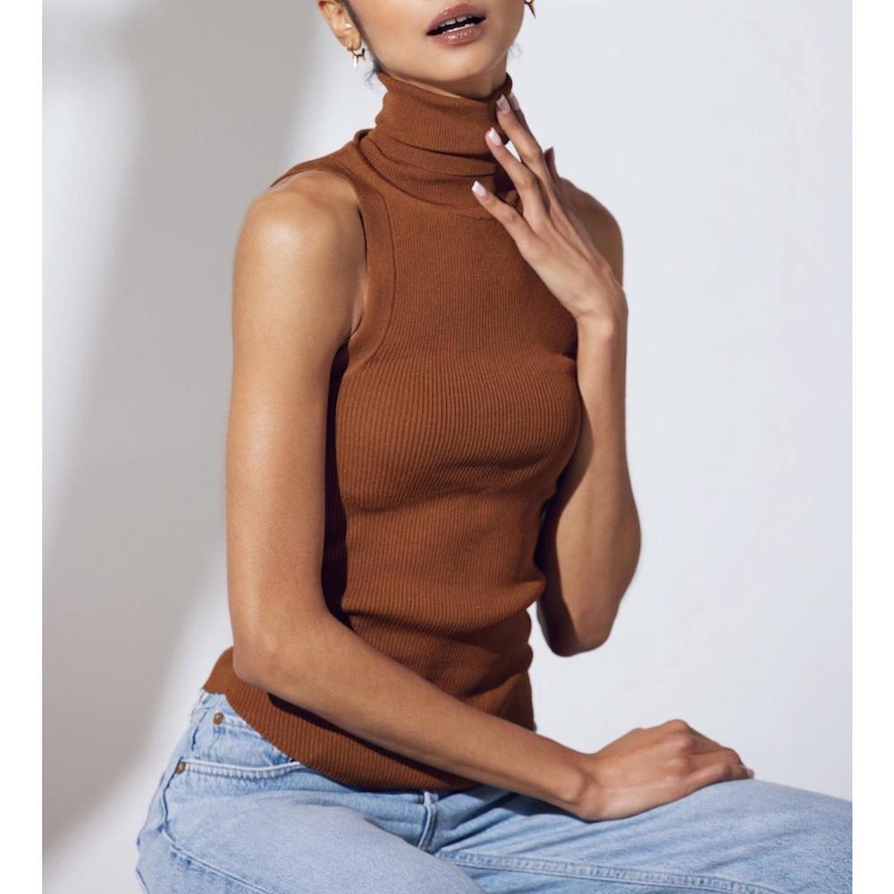 NEW GEEL noon ribbed modal-blend jersey sleeveless turtleneck top in chocolate